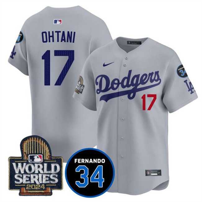Mens Los Angeles Dodgers #17 Shohei Ohtani Grey 2024 World Series With Fernando Memorial Patch Limited Stitched Jersey Dzhi
